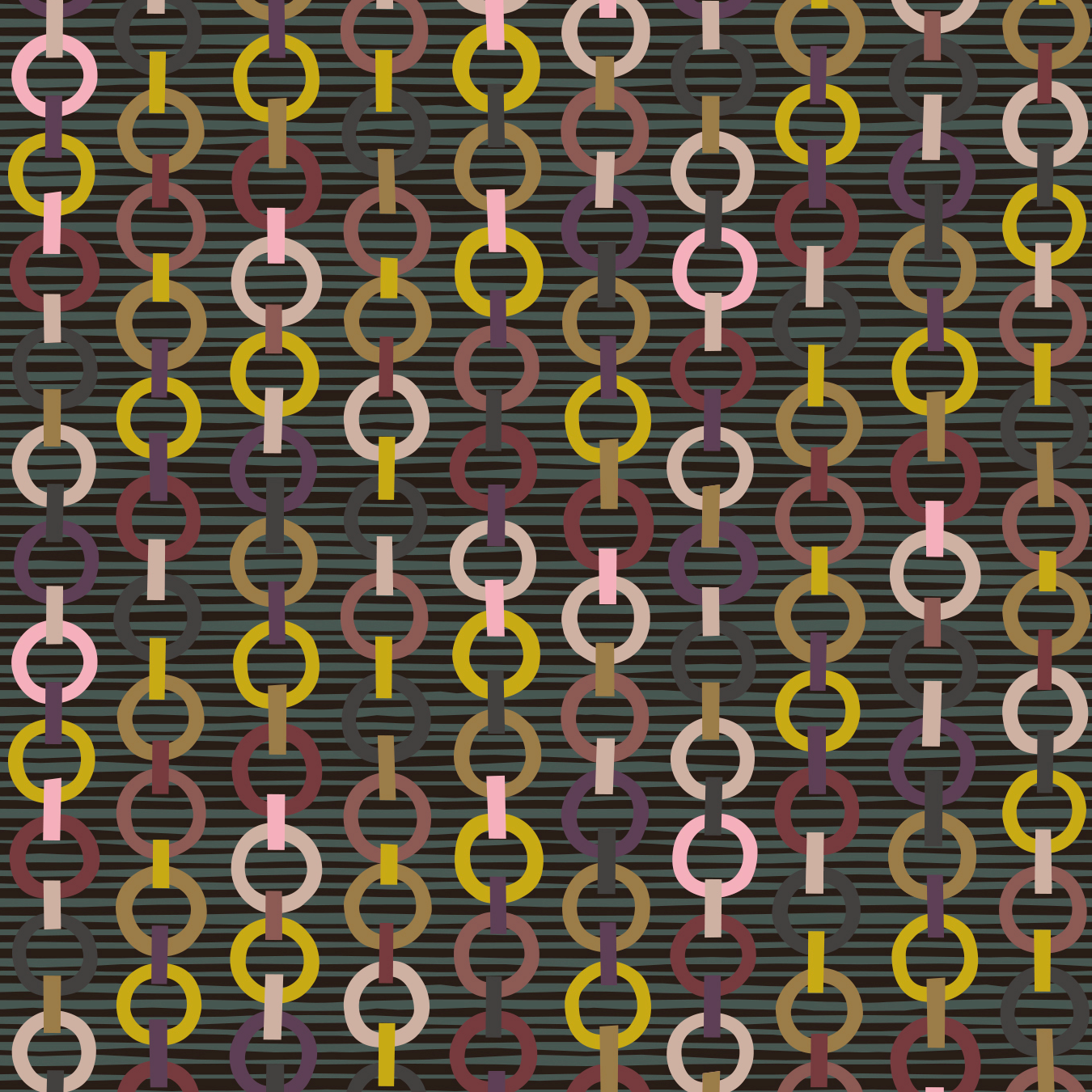 Detail of fabric in a playful paper chain stripe print in shades of pink, purple, gold and green on a black field.