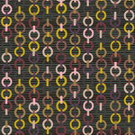 Detail of fabric in a playful paper chain stripe print in shades of pink, purple, gold and green on a black field.