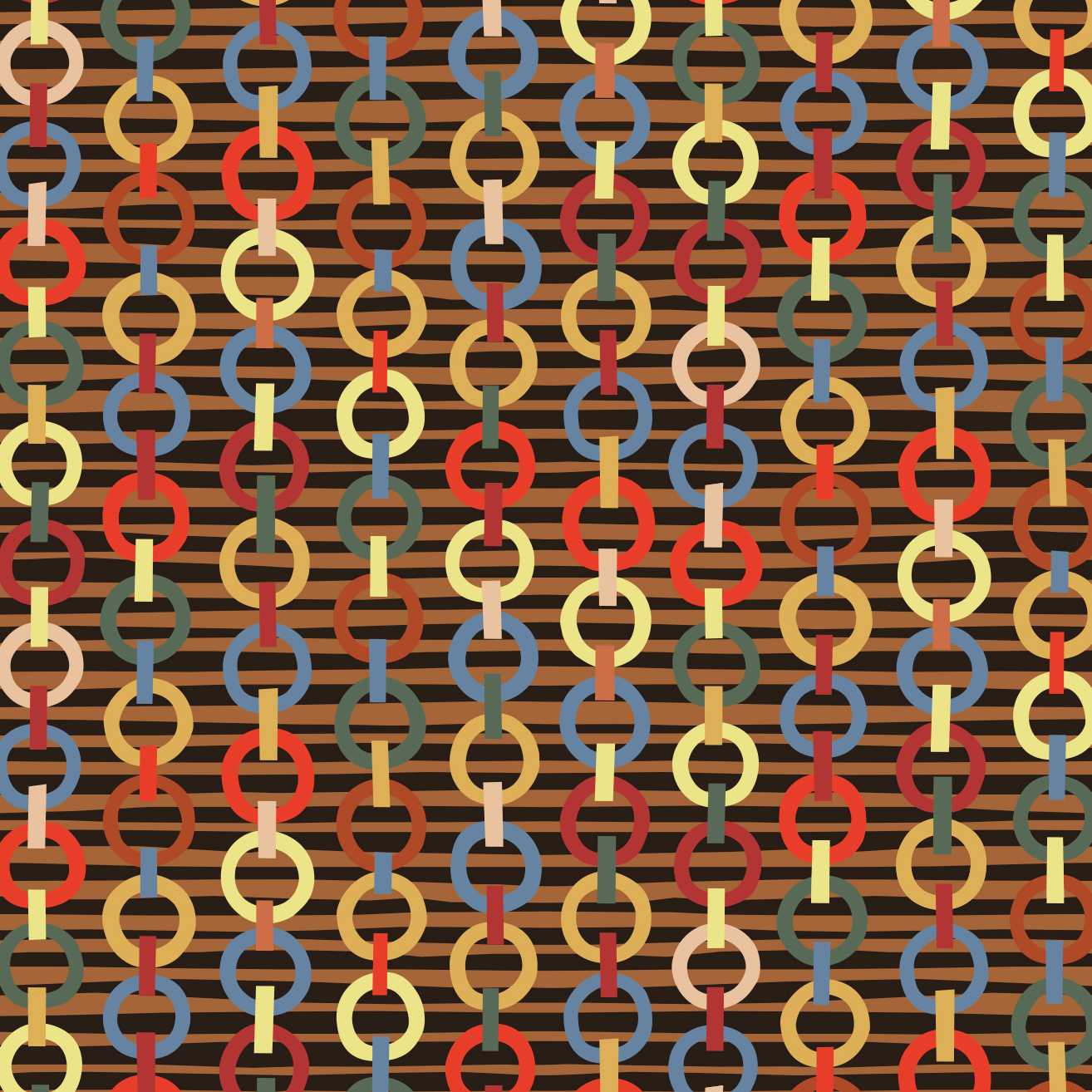 Detail of fabric in a playful paper chain stripe print in a rainbow of shades on a black field.