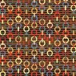 Detail of wallpaper in a playful paper chain stripe print in a rainbow of shades on a black field.