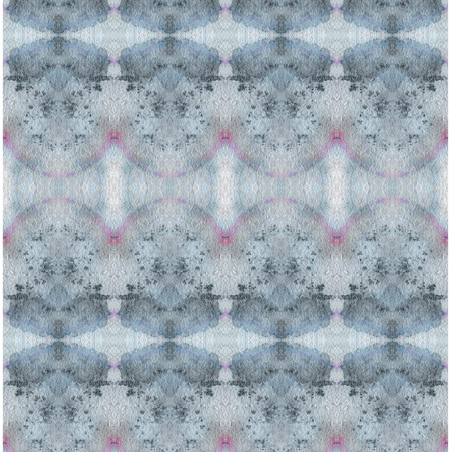 Detail of wallpaper in an abstract ink blot pattern in shades of gray, blue and pink.