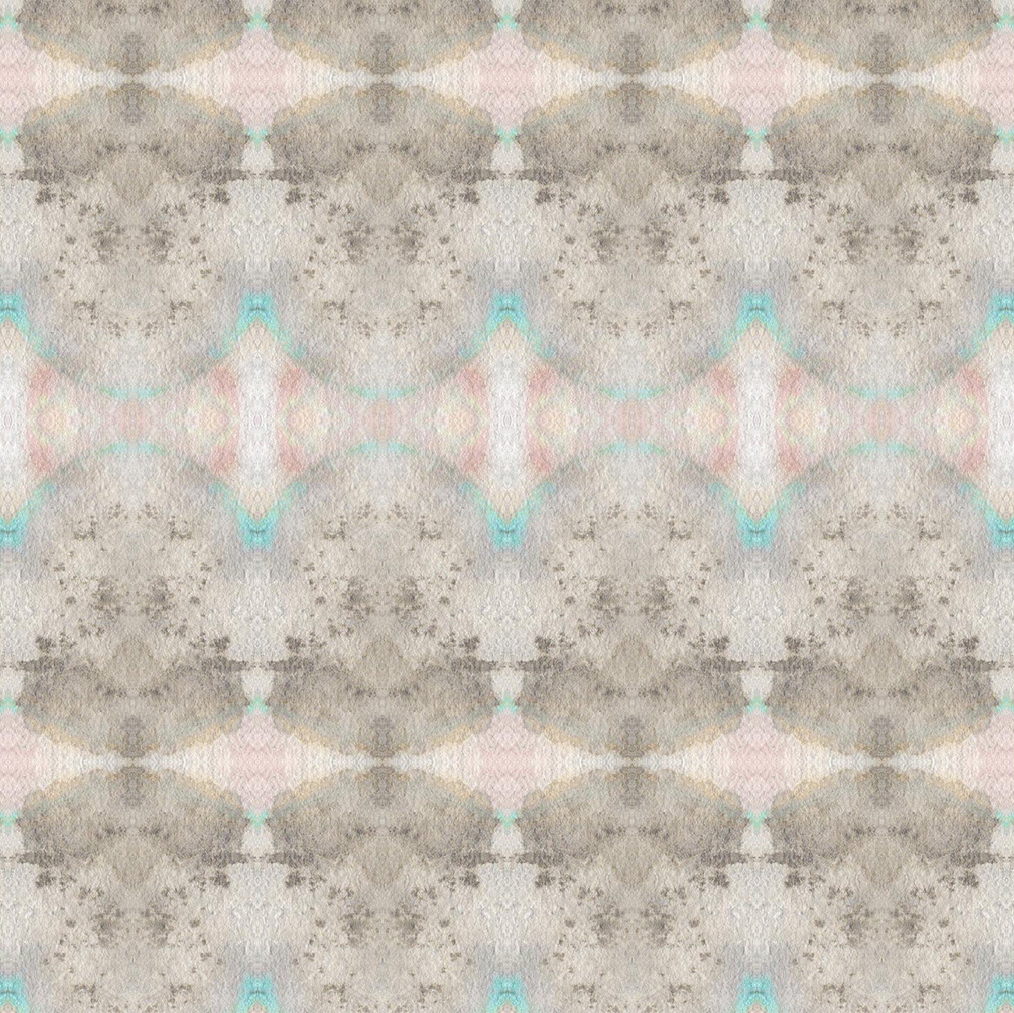 Detail of wallpaper in an abstract ink blot pattern in shades of tan, turquoise and pink.