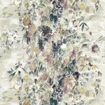 Detail of fabric in a painterly floral print in shades of green, gray, purple and cream.