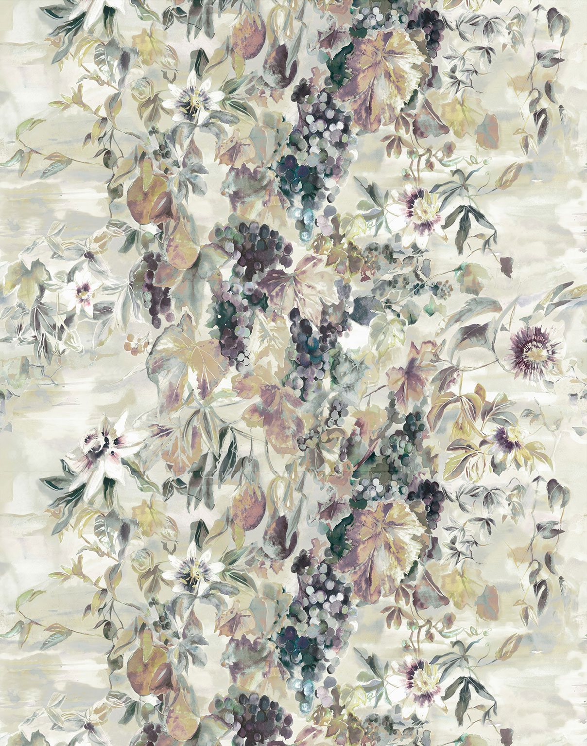 Detail of fabric in a painterly floral print in shades of green, gray, purple and cream.