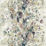 Detail of fabric in a painterly floral print in shades of green, gray, purple and cream.