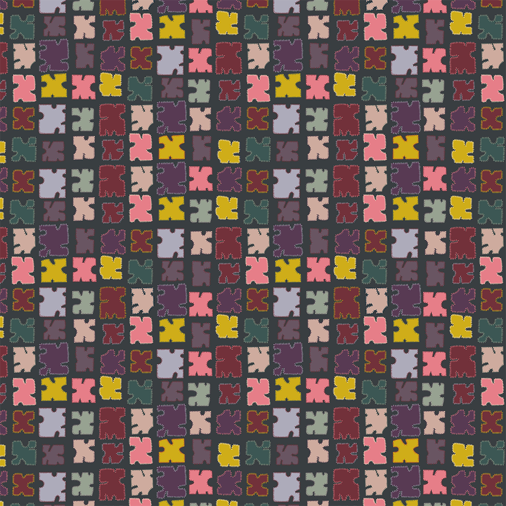 Scaled-out view of wallpaper in a playful patchwork quilt print in a rainbow of shades on a dark green field.