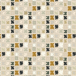 Scaled-out view of fabric in a playful patchwork quilt print in neutral shades on a cream field.