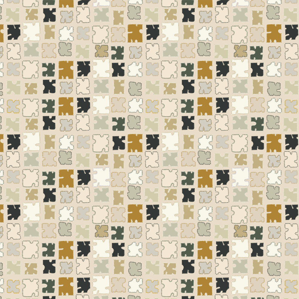 Scaled-out view of wallpaper in a playful patchwork quilt print in neutral shades on a cream field.