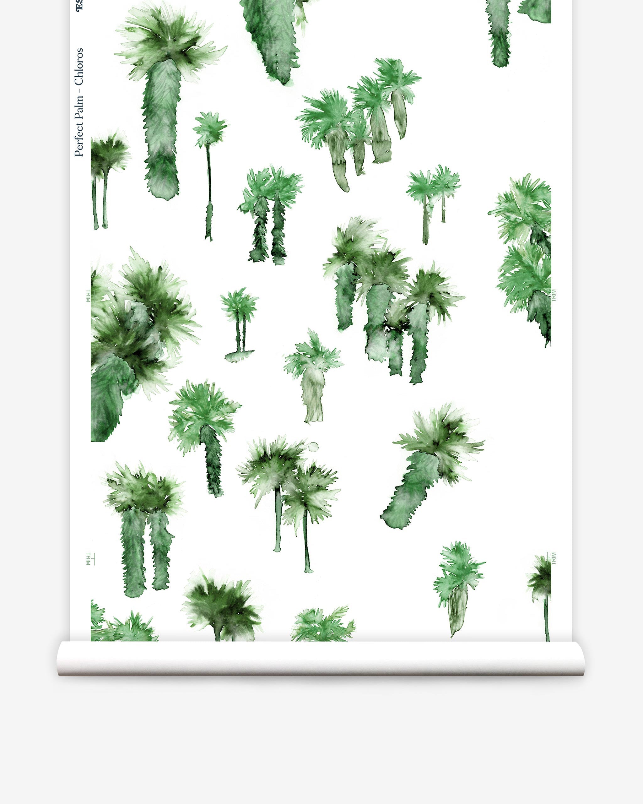 Partially unrolled wallpaper yardage in a playful palm tree print in shades of green on a white field.