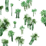 Detail of wallpaper in a playful palm tree print in shades of green on a white field.