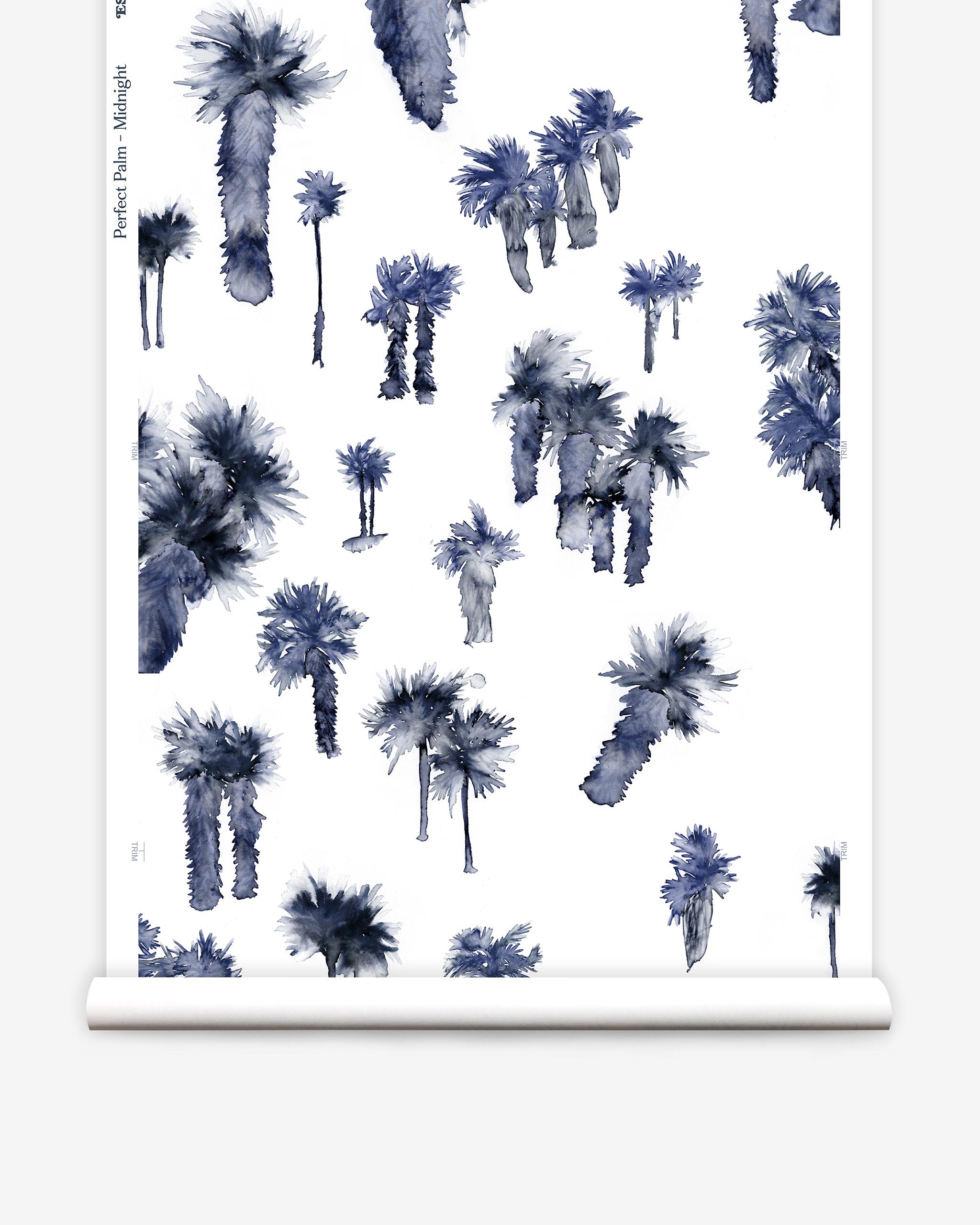 Partially unrolled wallpaper yardage in a playful palm tree print in shades of navy and gray on a white field.