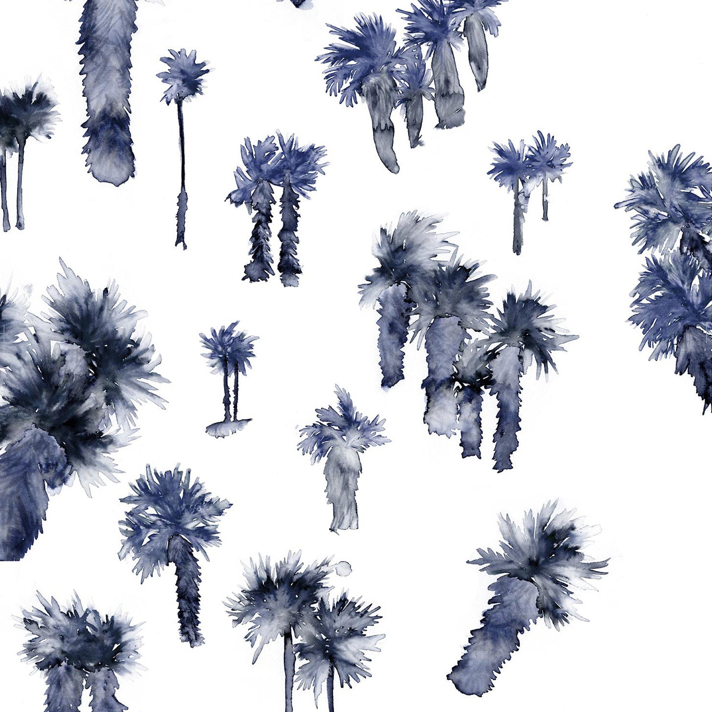 Detail of wallpaper in a playful palm tree print in shades of navy and gray on a white field.