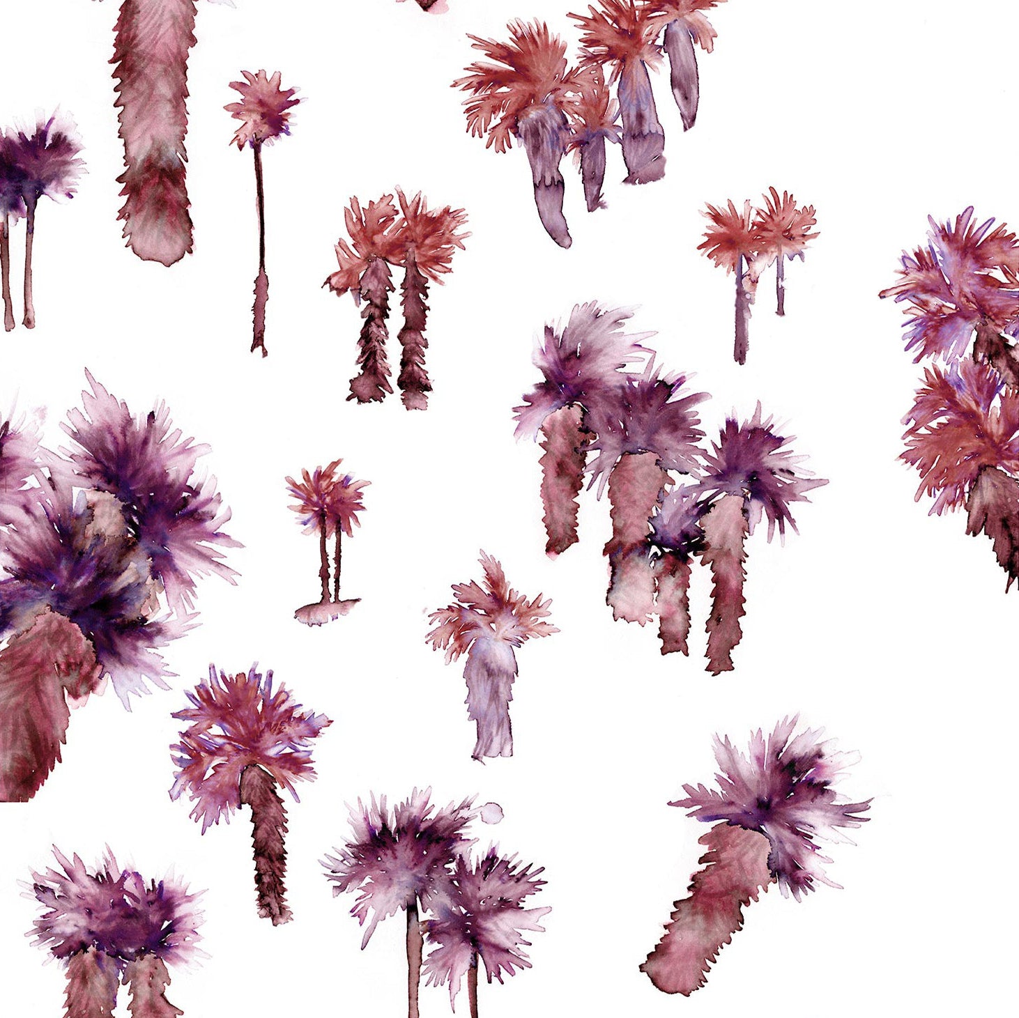 Detail of wallpaper in a playful palm tree print in shades of purple and red on a white field.