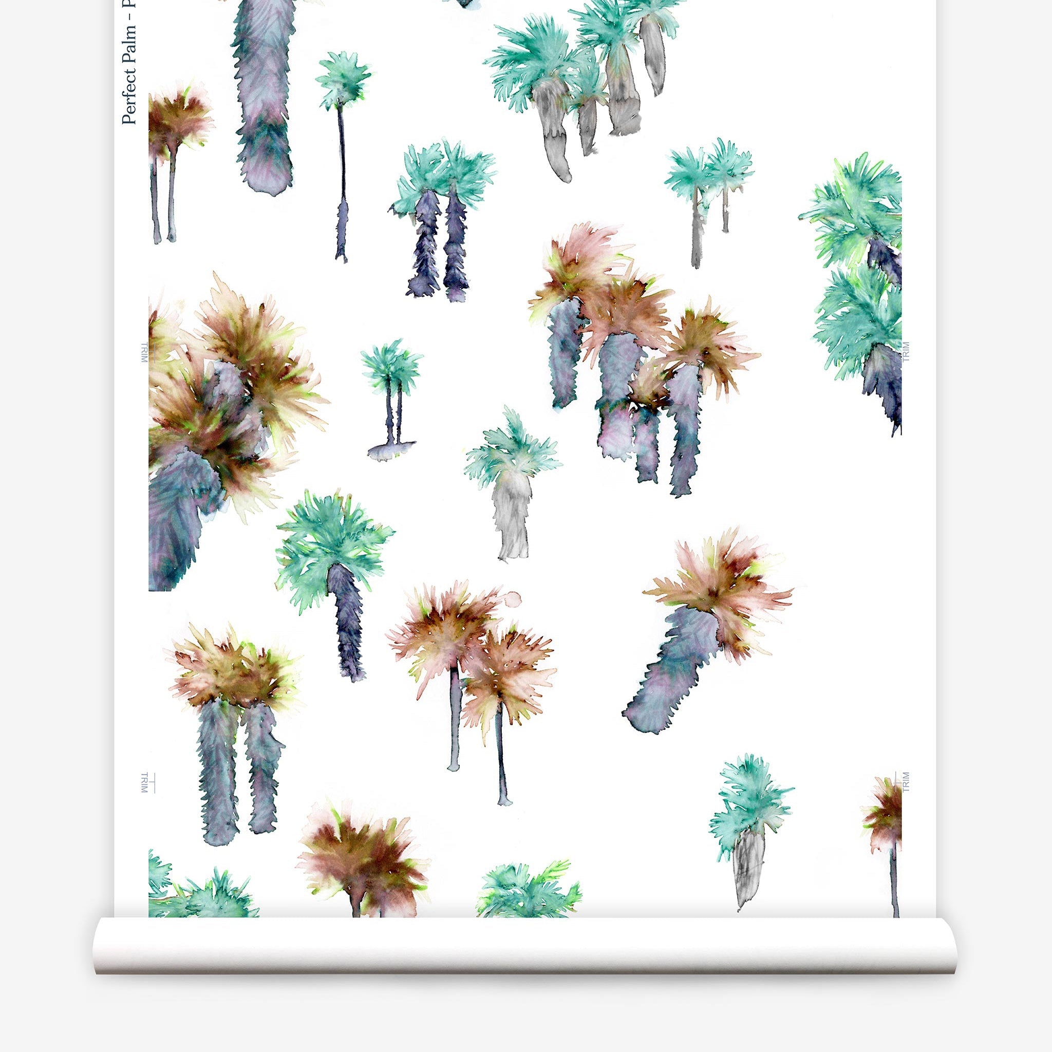 Partially unrolled wallpaper yardage in a playful palm tree print in shades of brown, gray and green on a white field.