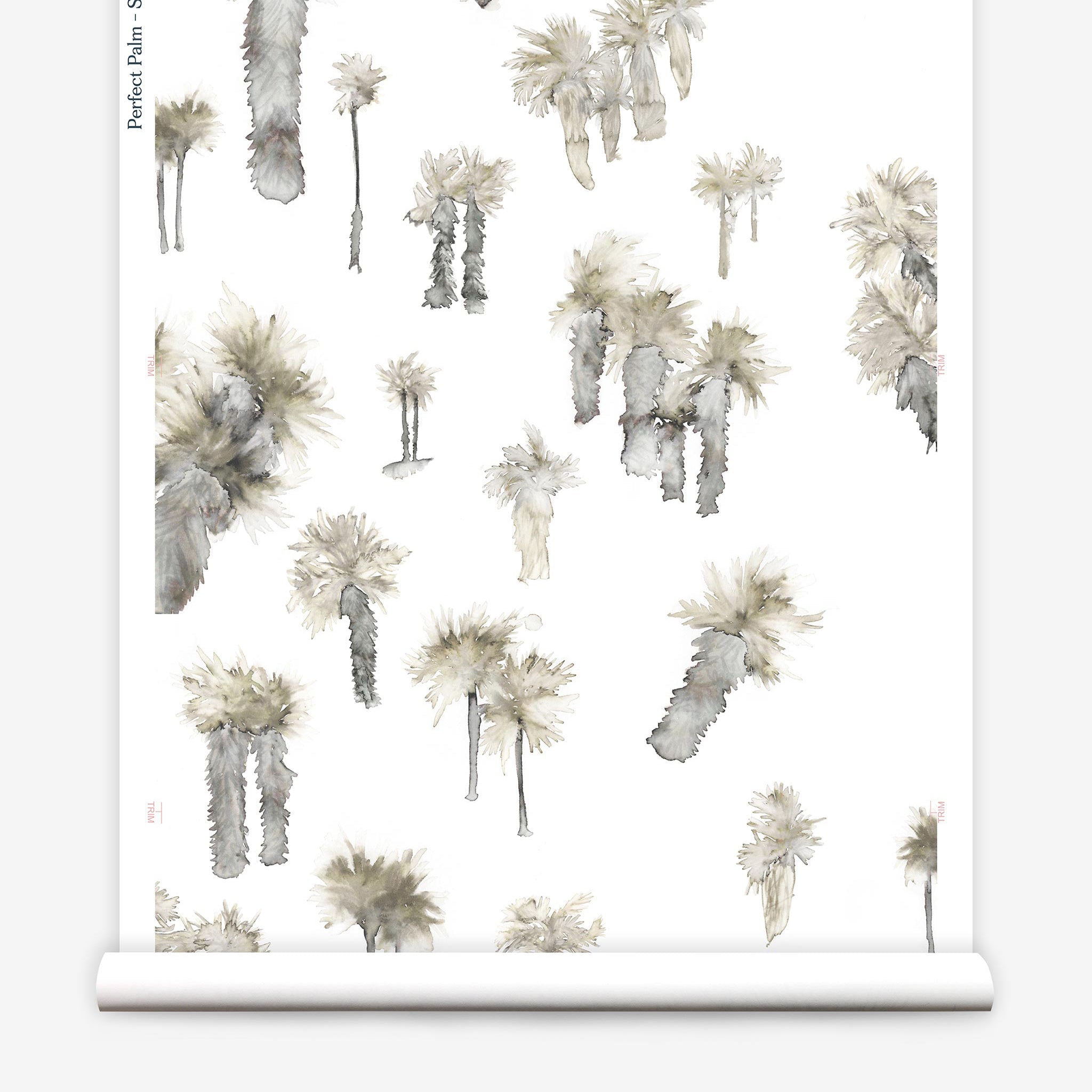 Partially unrolled wallpaper yardage in a playful palm tree print in shades of brown and gray on a white field.