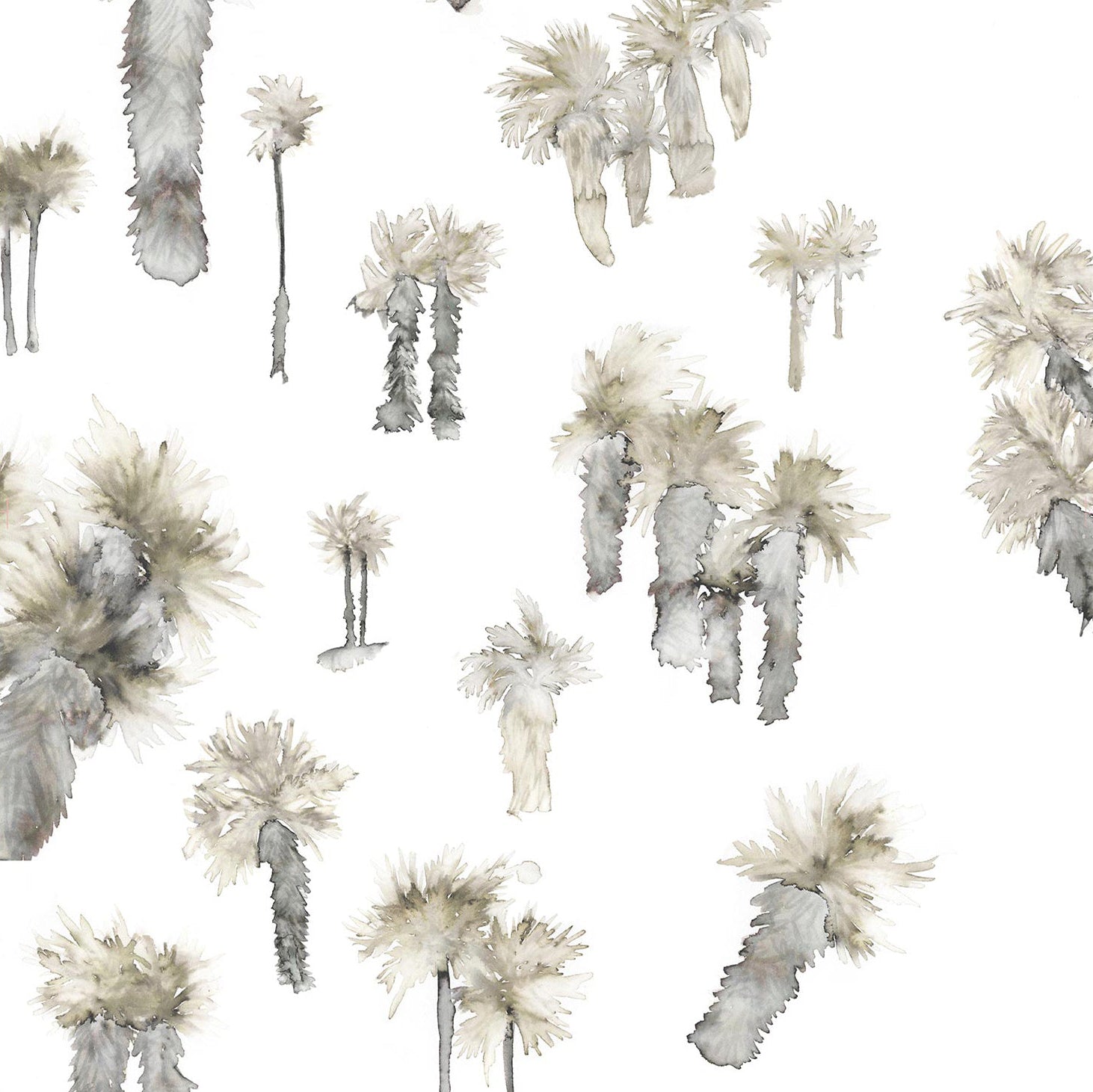 Detail of wallpaper in a playful palm tree print in shades of brown and gray on a white field.