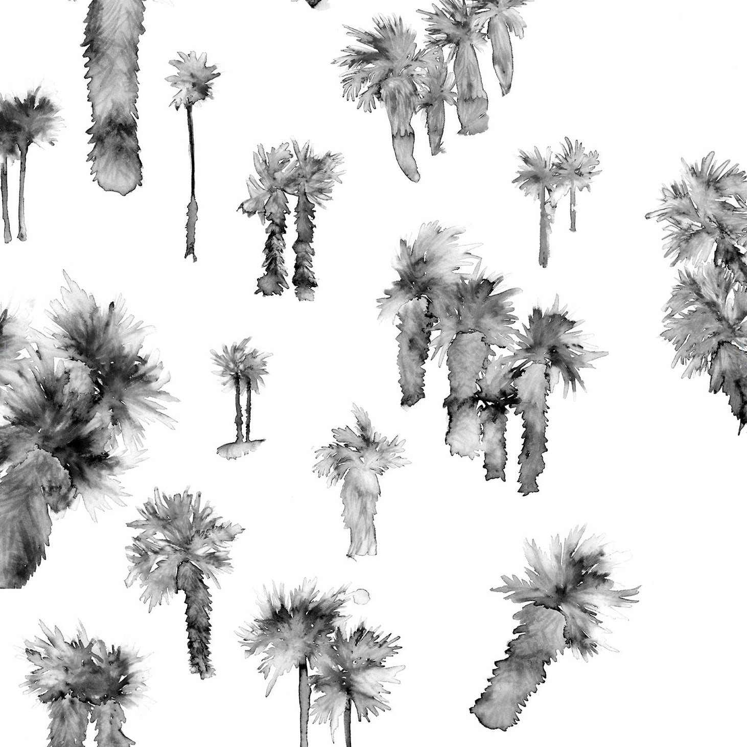 Detail of wallpaper in a playful palm tree print in shades of gray on a white field.