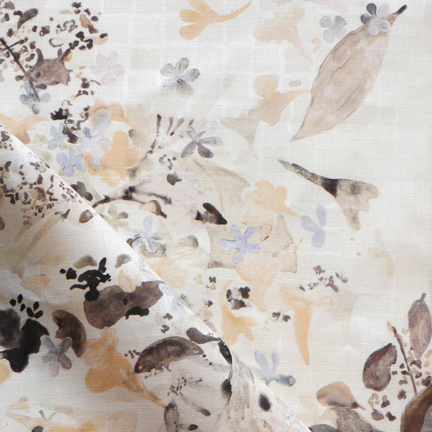 Floral patterned fabric with leaf and floral designs on a white background