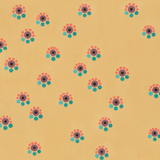 Detail of fabric in a minimal floral print in shades of pink, blue and purple on a yellow field.