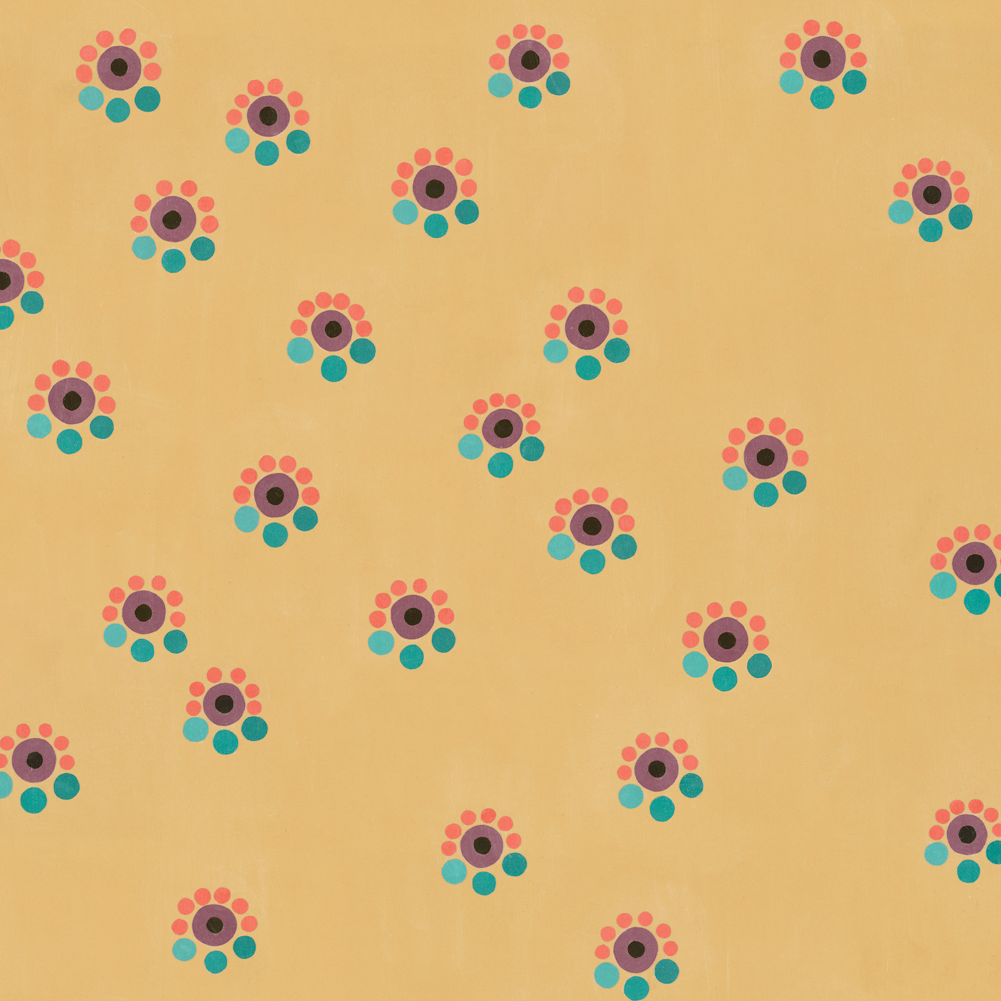 Detail of fabric in a minimal floral print in shades of pink, blue and purple on a yellow field.