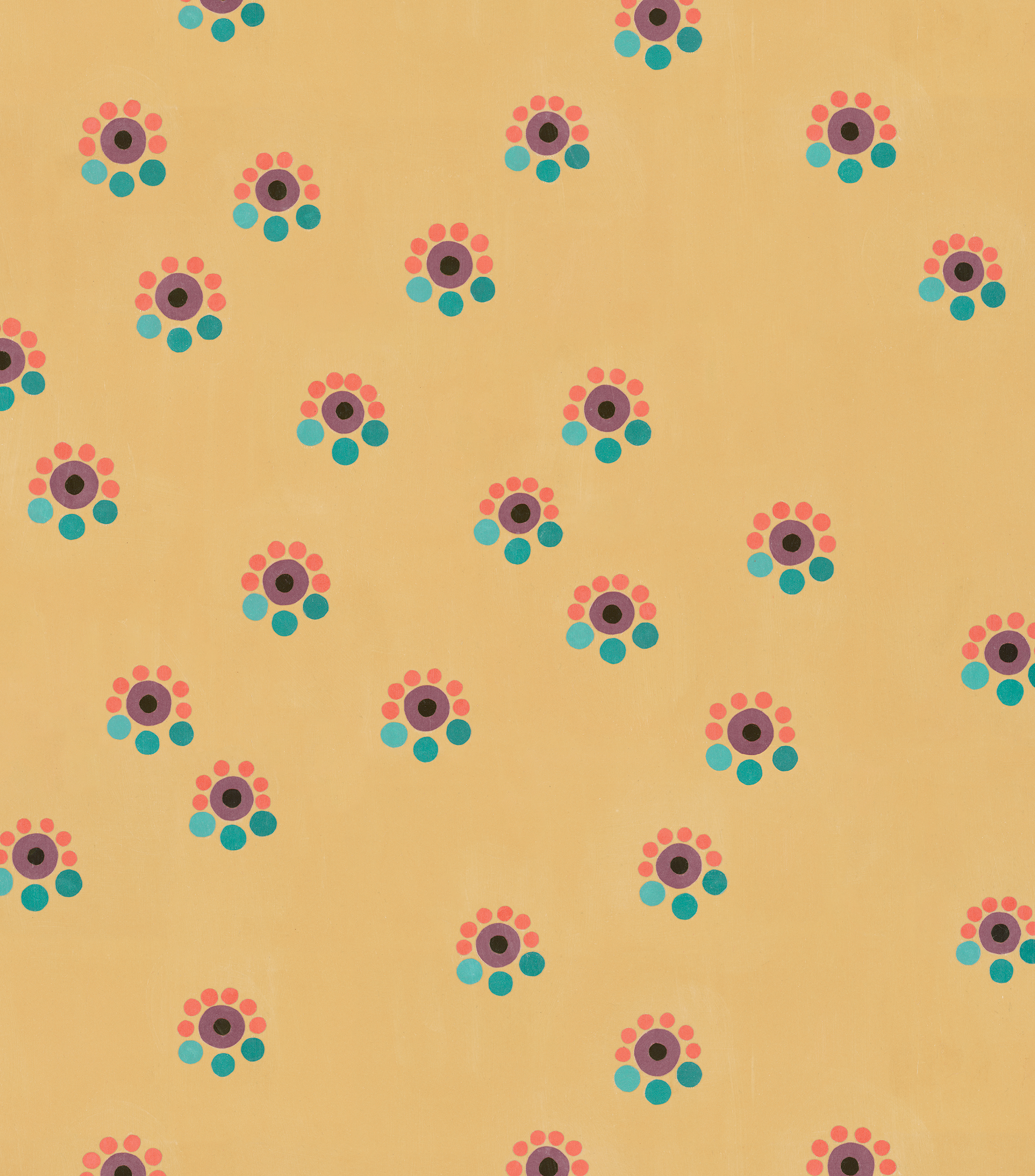 Detail of fabric in a minimal floral print in shades of pink, blue and purple on a yellow field.