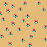 Detail of wallpaper in a minimal floral print in shades of pink, gold and green on a cream field.