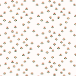 Scaled-out view of fabric in a minimal floral print in shades of pink, gold and green on a cream field.