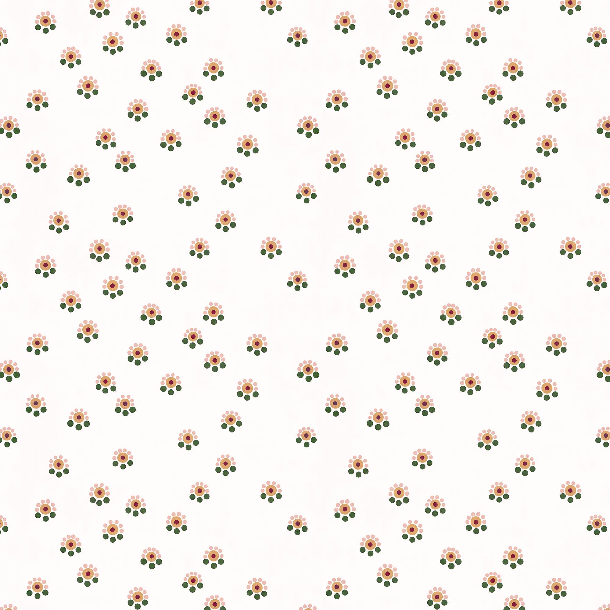 Scaled-out view of fabric in a minimal floral print in shades of pink, gold and green on a cream field.