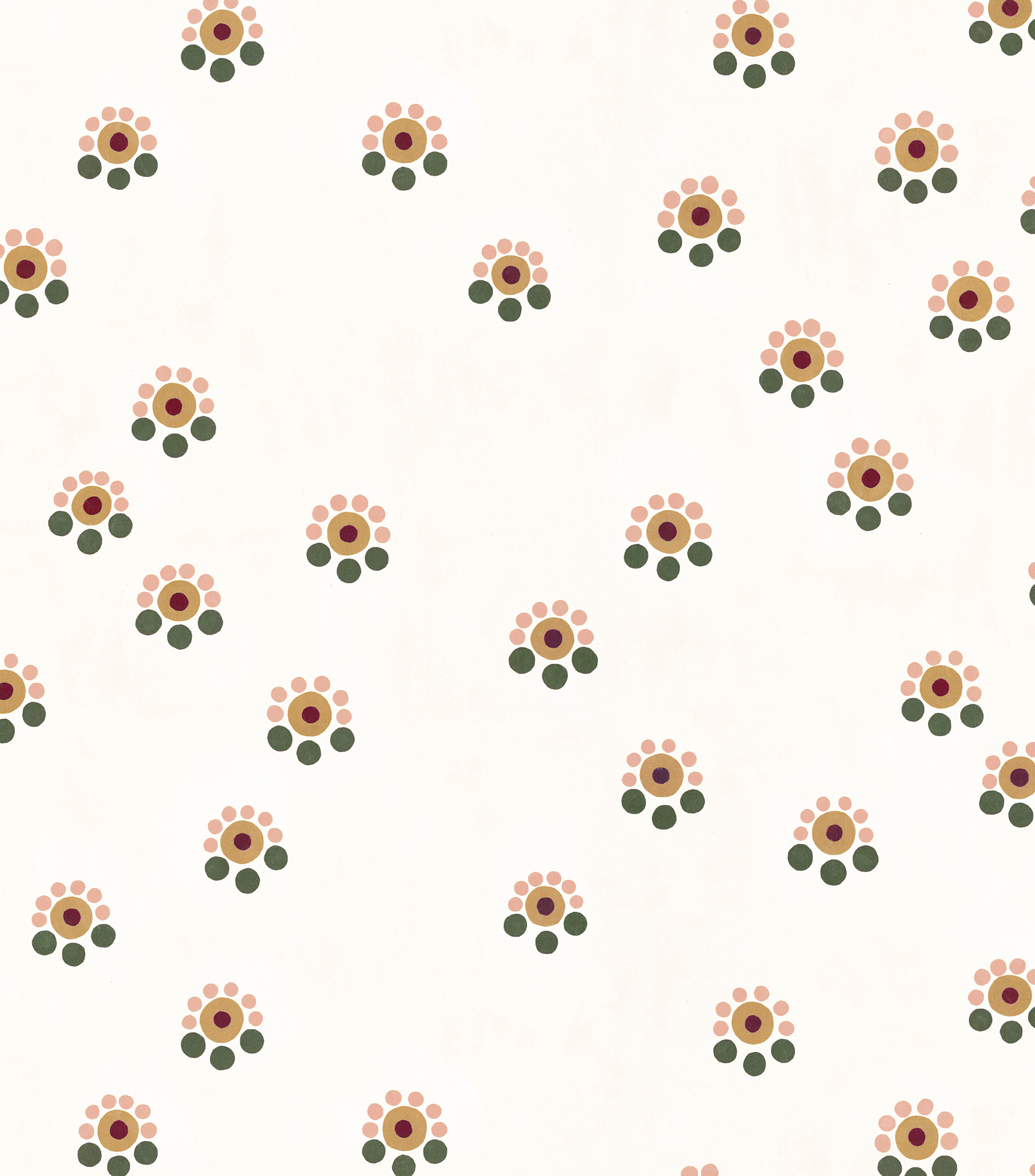 Detail of fabric in a minimal floral print in shades of pink, gold and green on a cream field.