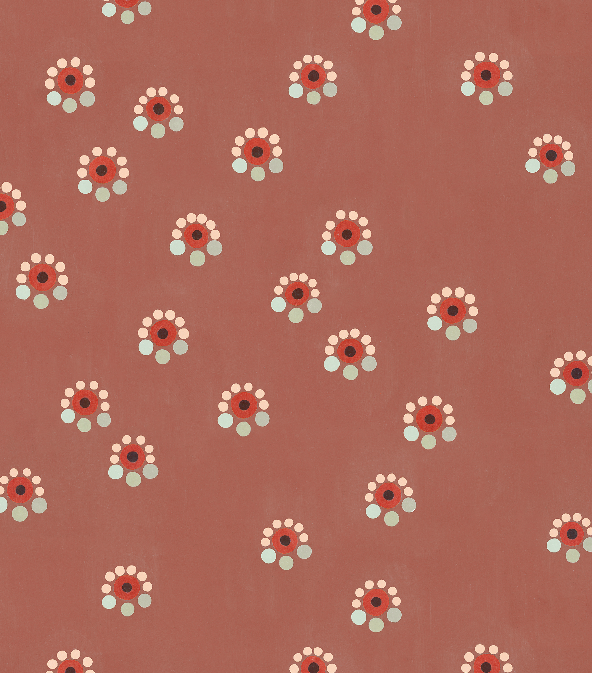 Detail of fabric in a minimal floral print in shades of pink, red and blue on a maroon field.