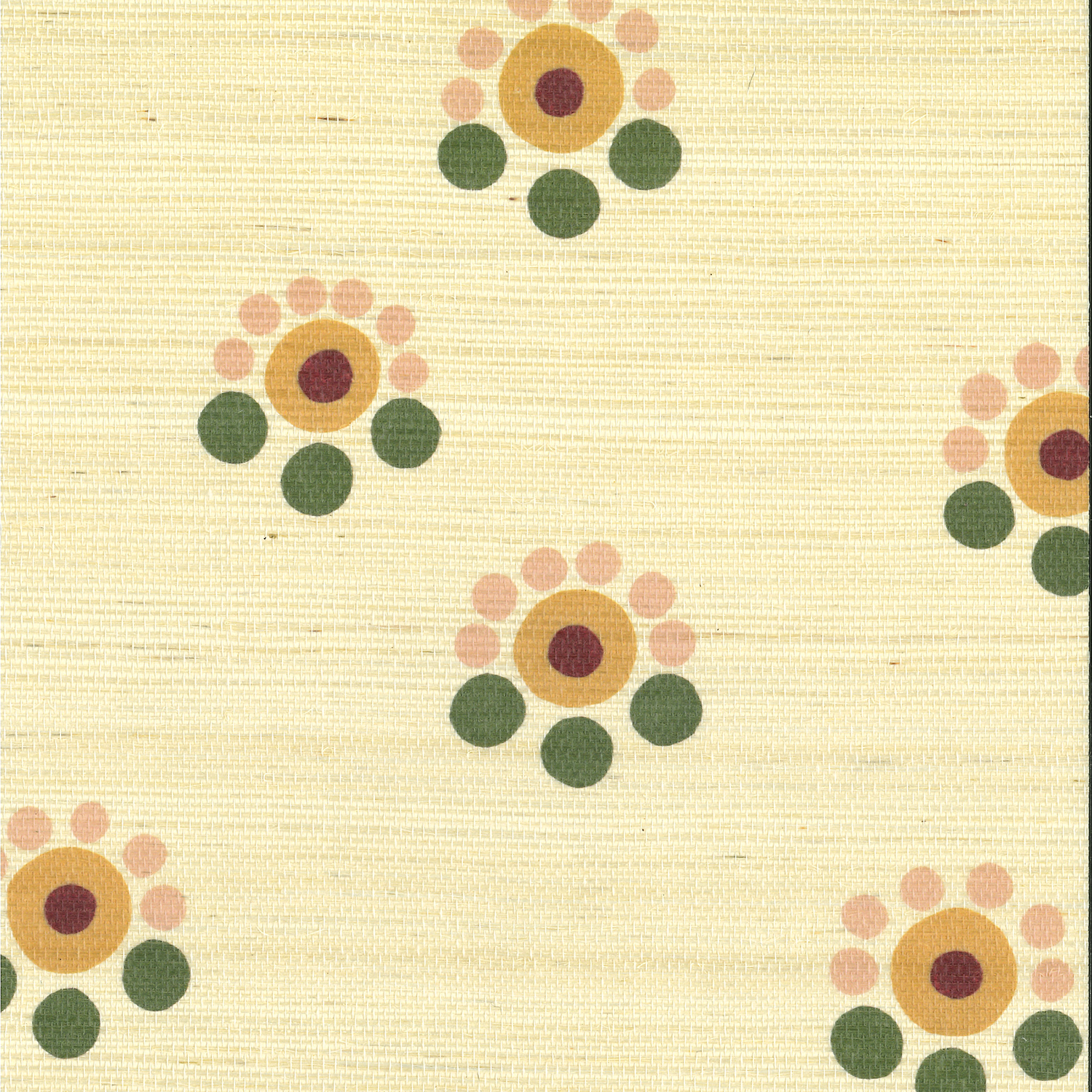 Detail of fabric in a minimal floral print in shades of pink, gold and green on a cream field.