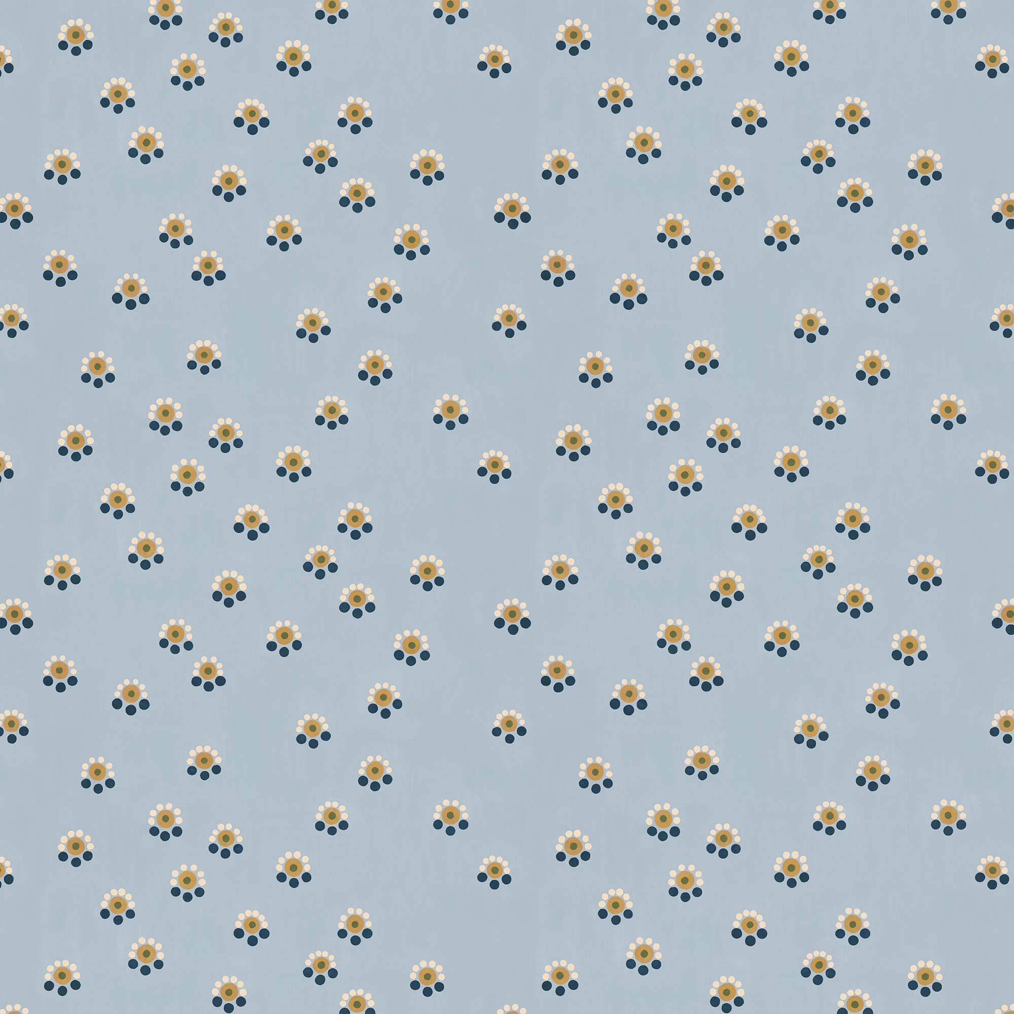 Scaled-out view of fabric in a minimal floral print in shades of gold, white and navy on a blue field.