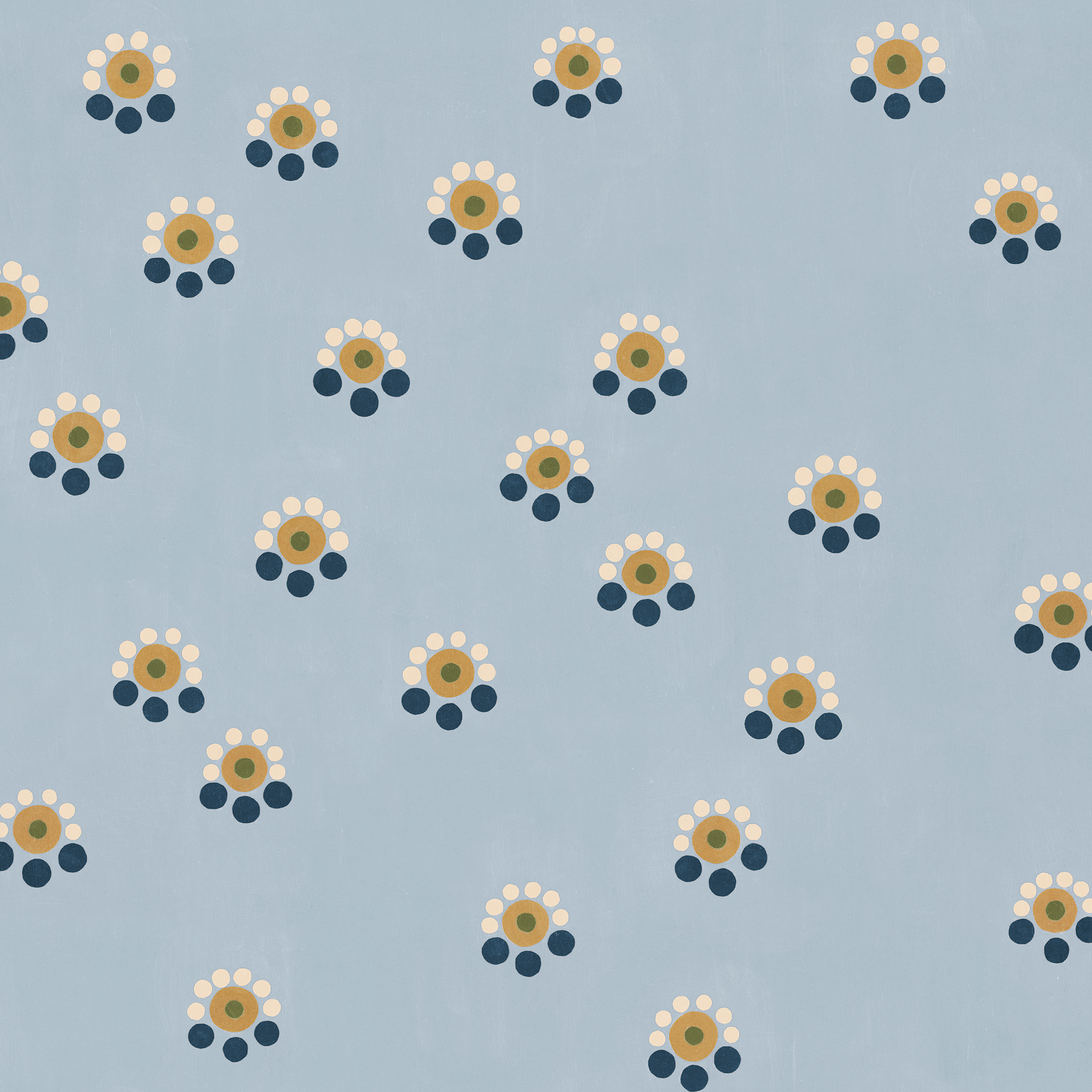 Detail of fabric in a minimal floral print in shades of gold, white and navy on a blue field.