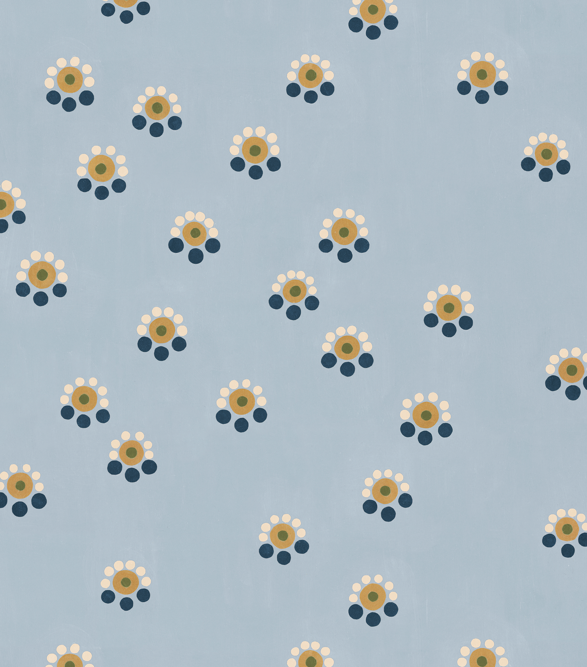 Detail of fabric in a minimal floral print in shades of gold, white and navy on a blue field.