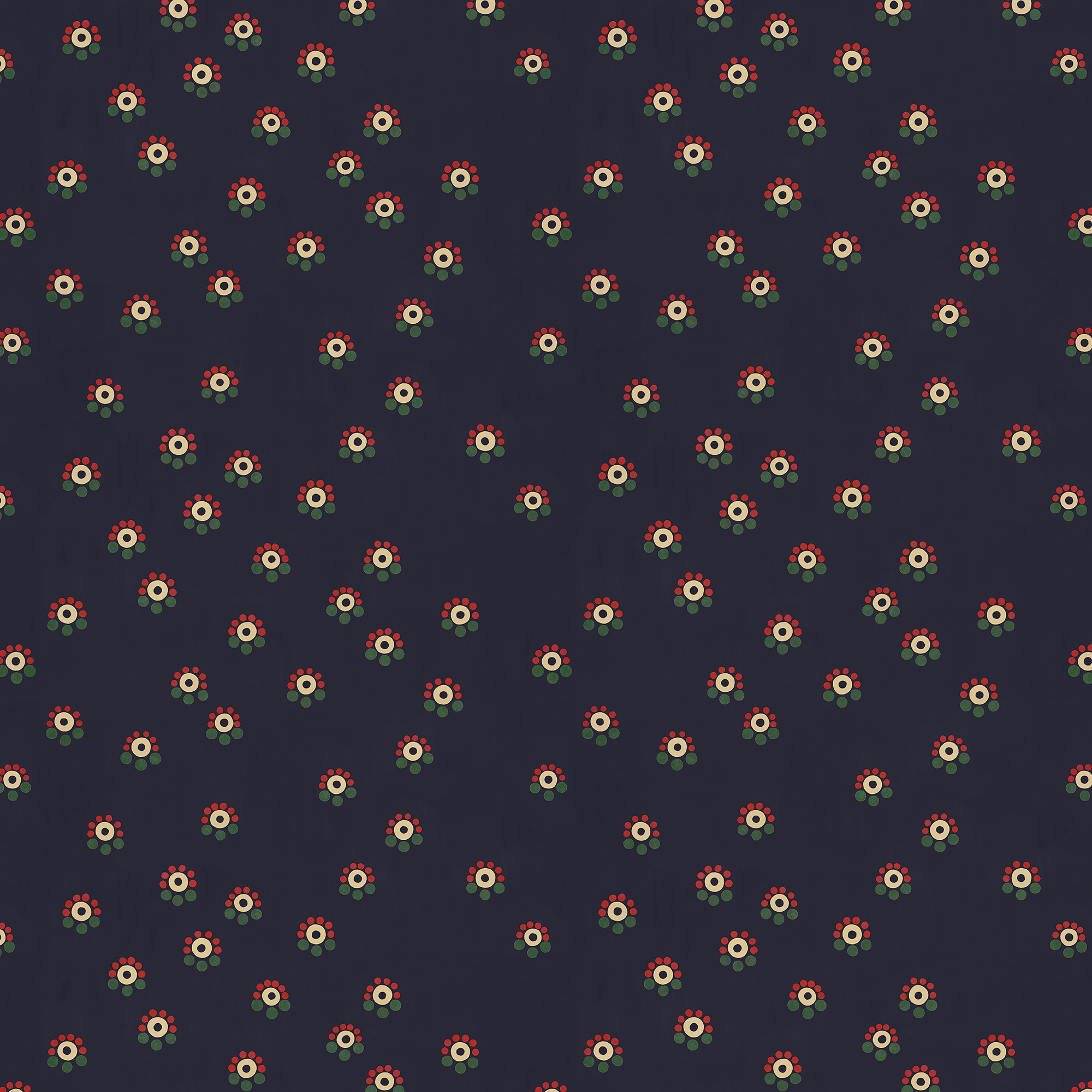 Scaled-out view of fabric in a minimal floral print in shades of red, yellow and green on a navy field.