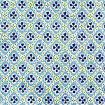 Detail of fabric in a floral lattice print in shades of blue, navy and light green.