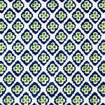 Detail of fabric in a floral lattice print in navy and green on a white field.