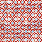 Detail of fabric in a floral lattice print in blue and red on a white field.