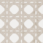 Detail of wallpaper in a geometric lattice print in tan on a white field.