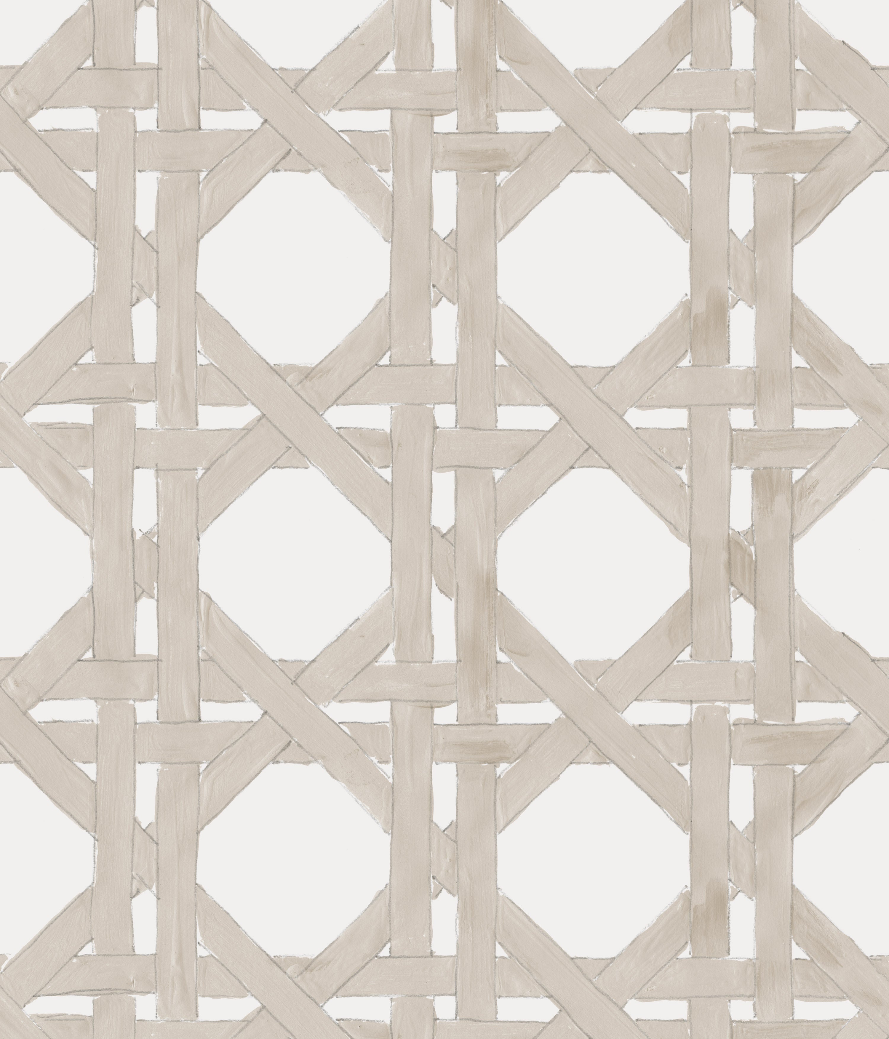 Detail of wallpaper in a geometric lattice print in tan on a white field.