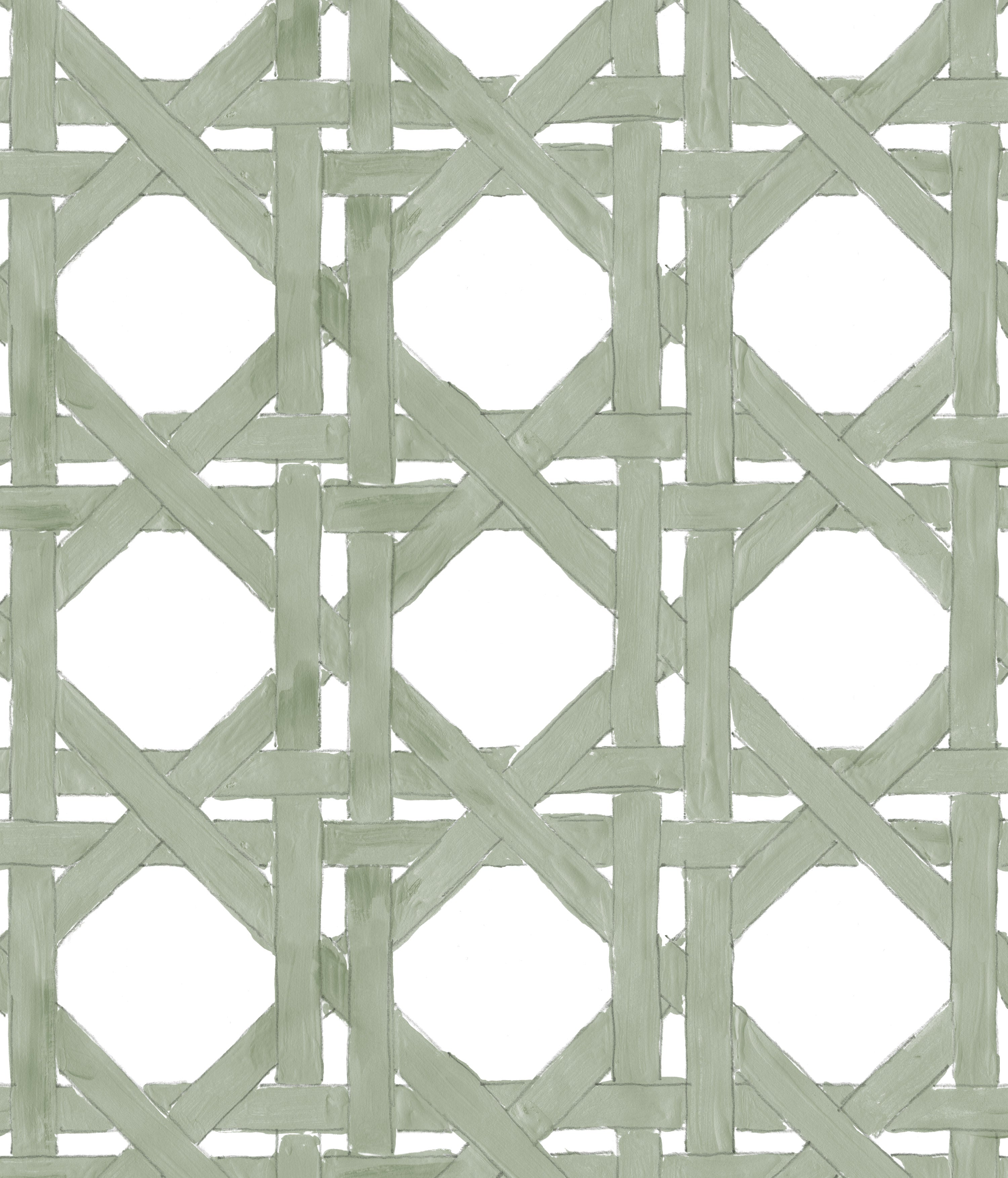 Detail of wallpaper in a geometric lattice print in sage on a white field.