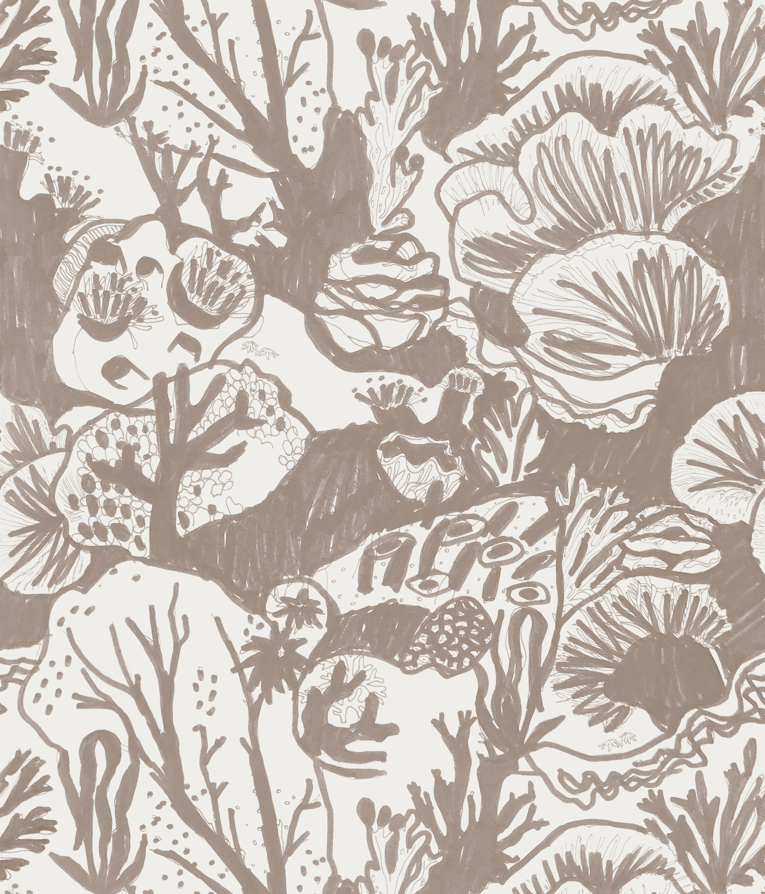 Detail of wallpaper in a playful reef print in tan on a white field.