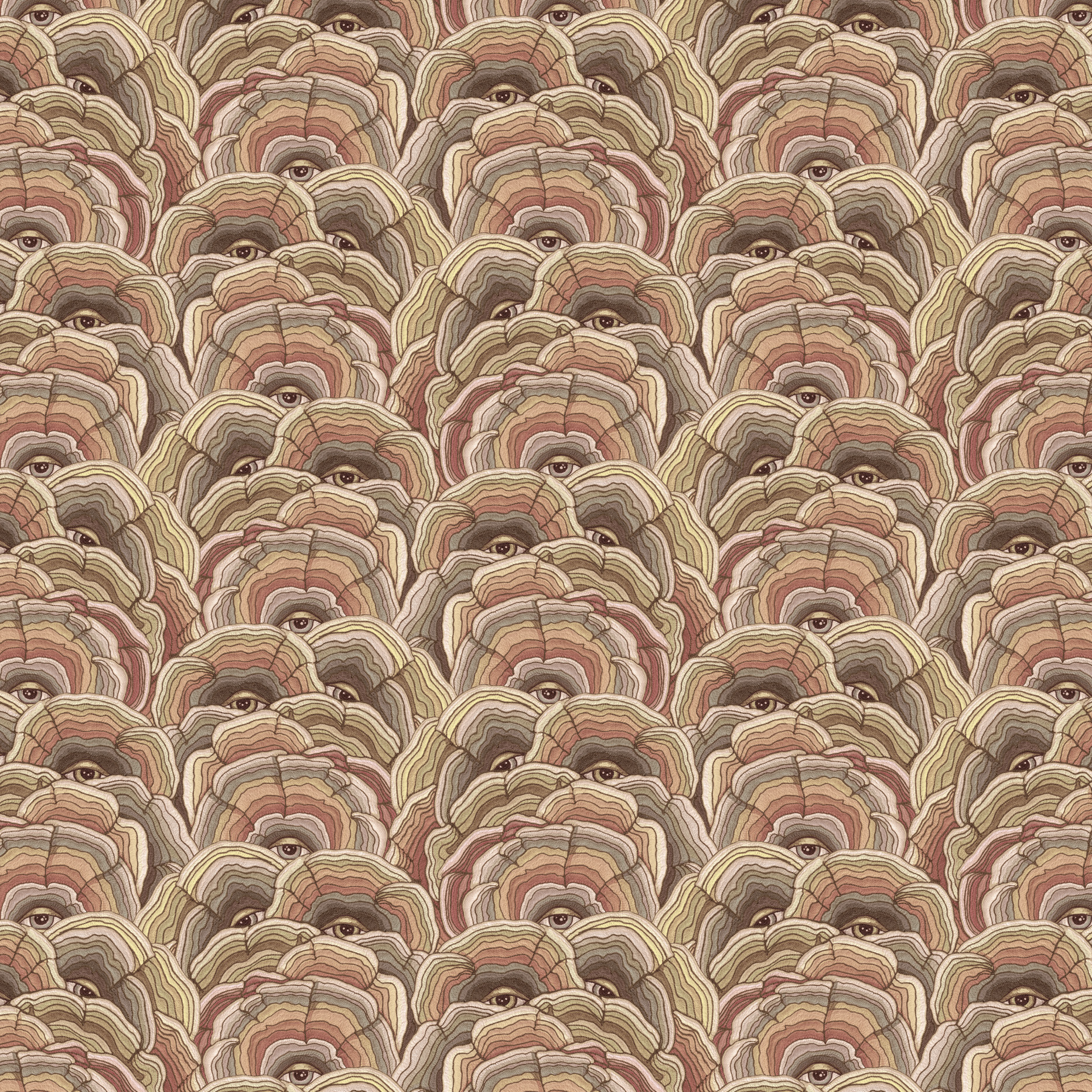 Scaled-out view of wallpaper in a statement print of tree rings with eyes in the middle. Colors are tan, brown and pink.