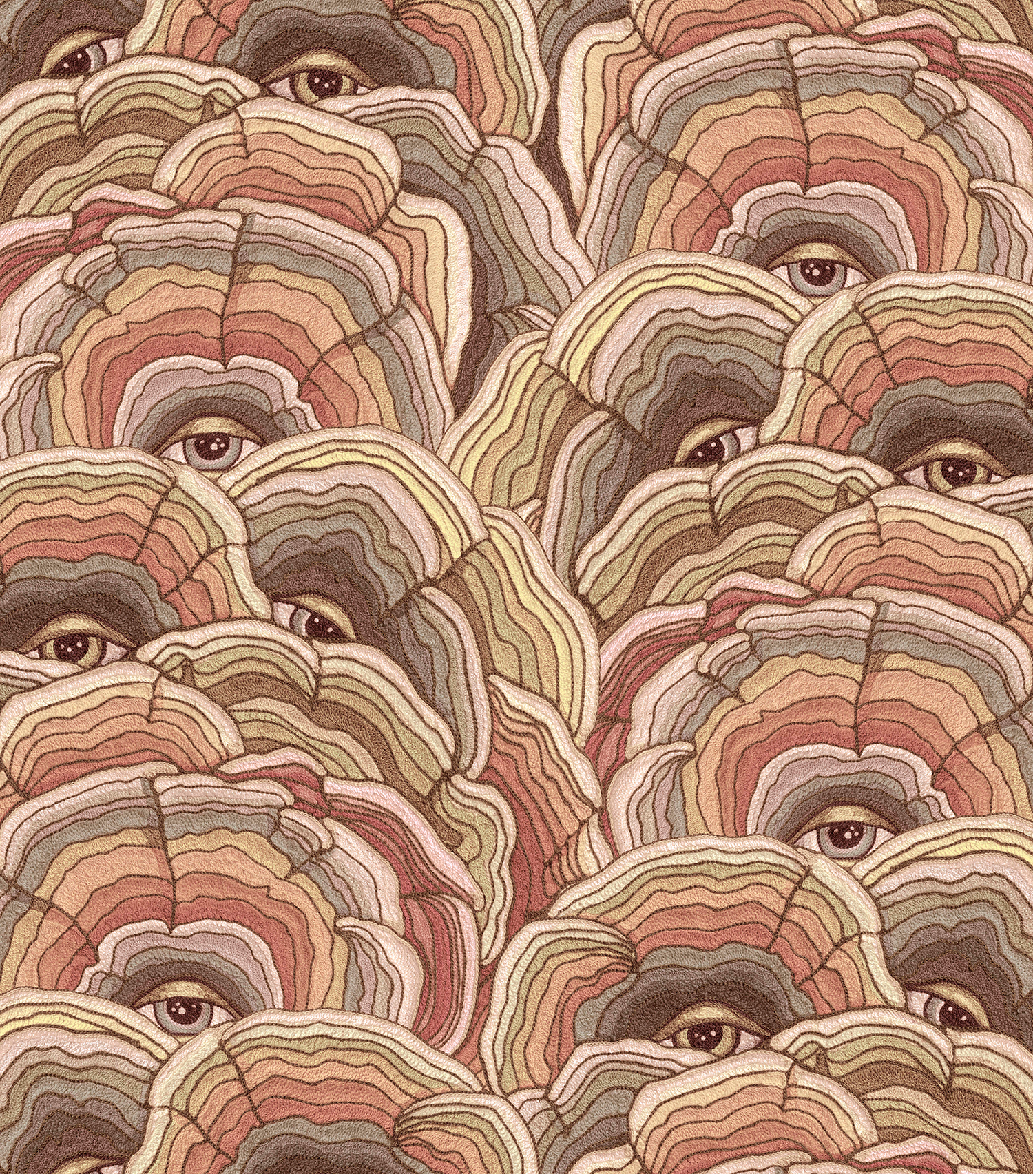 Detail of wallpaper in a statement print of tree rings with eyes in the middle. Colors are tan, brown and pink.