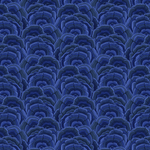 Scaled-out view of fabric in a statement print of tree rings with eyes in the middle. Colors are blue and navy.