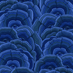 Detail of wallpaper in a statement print of tree rings with eyes in the middle. Colors are blue and navy.