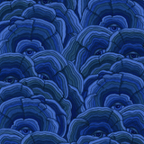 Detail of wallpaper in a statement print of tree rings with eyes in the middle. Colors are blue and navy.