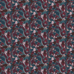 Scaled-out view of fabric in a painterly abstract print in shades of turquoise, purple and pink.