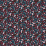 Scaled-out view of fabric in a painterly abstract print in shades of turquoise, purple and pink.