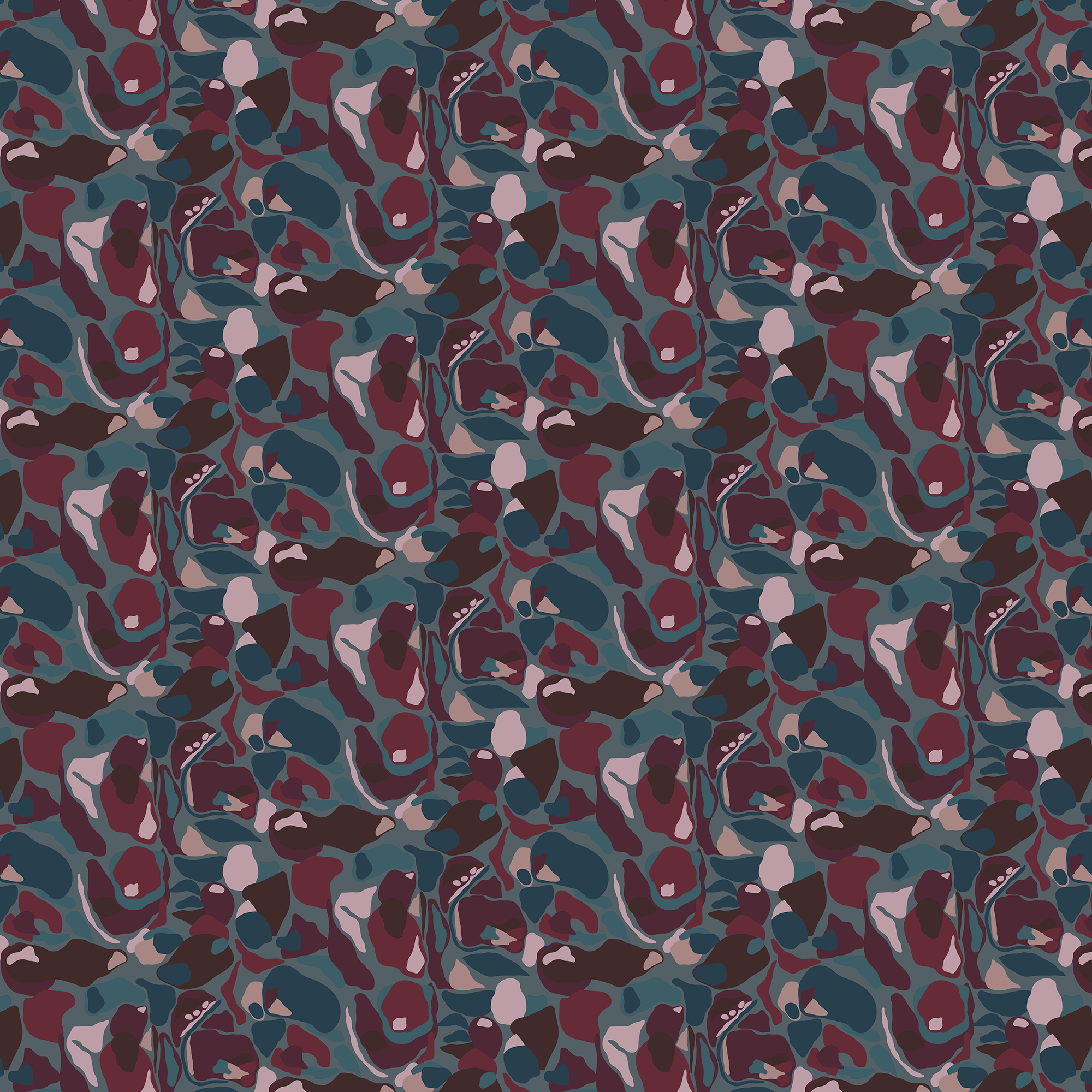 Scaled-out view of fabric in a painterly abstract print in shades of turquoise, purple and pink.